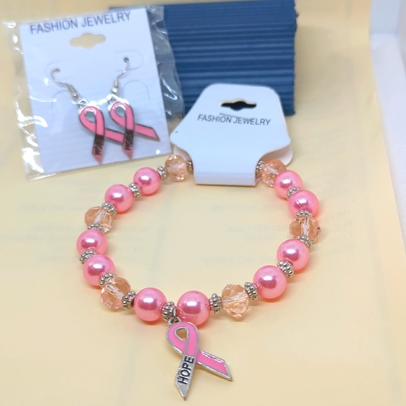 Breast Cancer HOPE Pink RIBBON Bracelet & Matching Earrings French Wires 3 PCS - Picture 4 of 12
